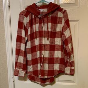 Time and Tru Red and White Plaid Hoodie Shirt